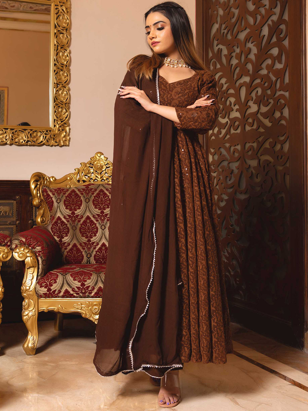 

Calmna Women Ethnic Motifs Embroidered Kurta with Trousers & Dupatta, Brown