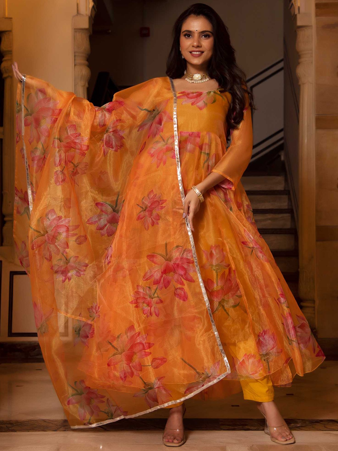 

Calmna Women Floral Printed Anarkali Kurta with Trousers & Dupatta, Orange