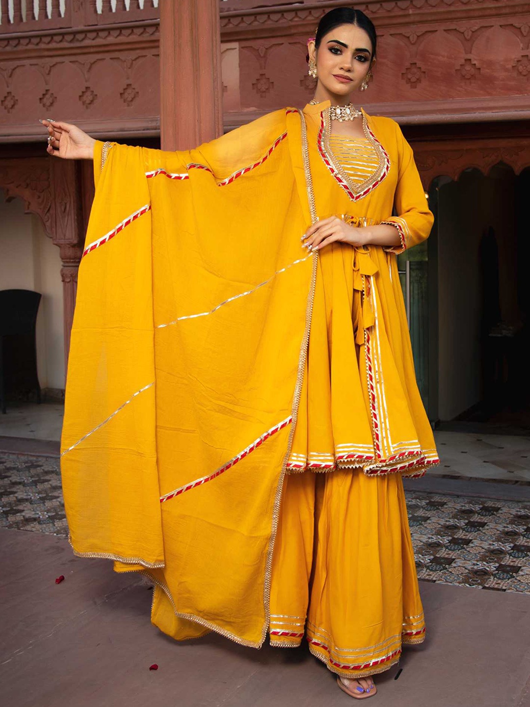 

Calmna Women Gotta Patti Kurta with Sharara & With Dupatta, Mustard