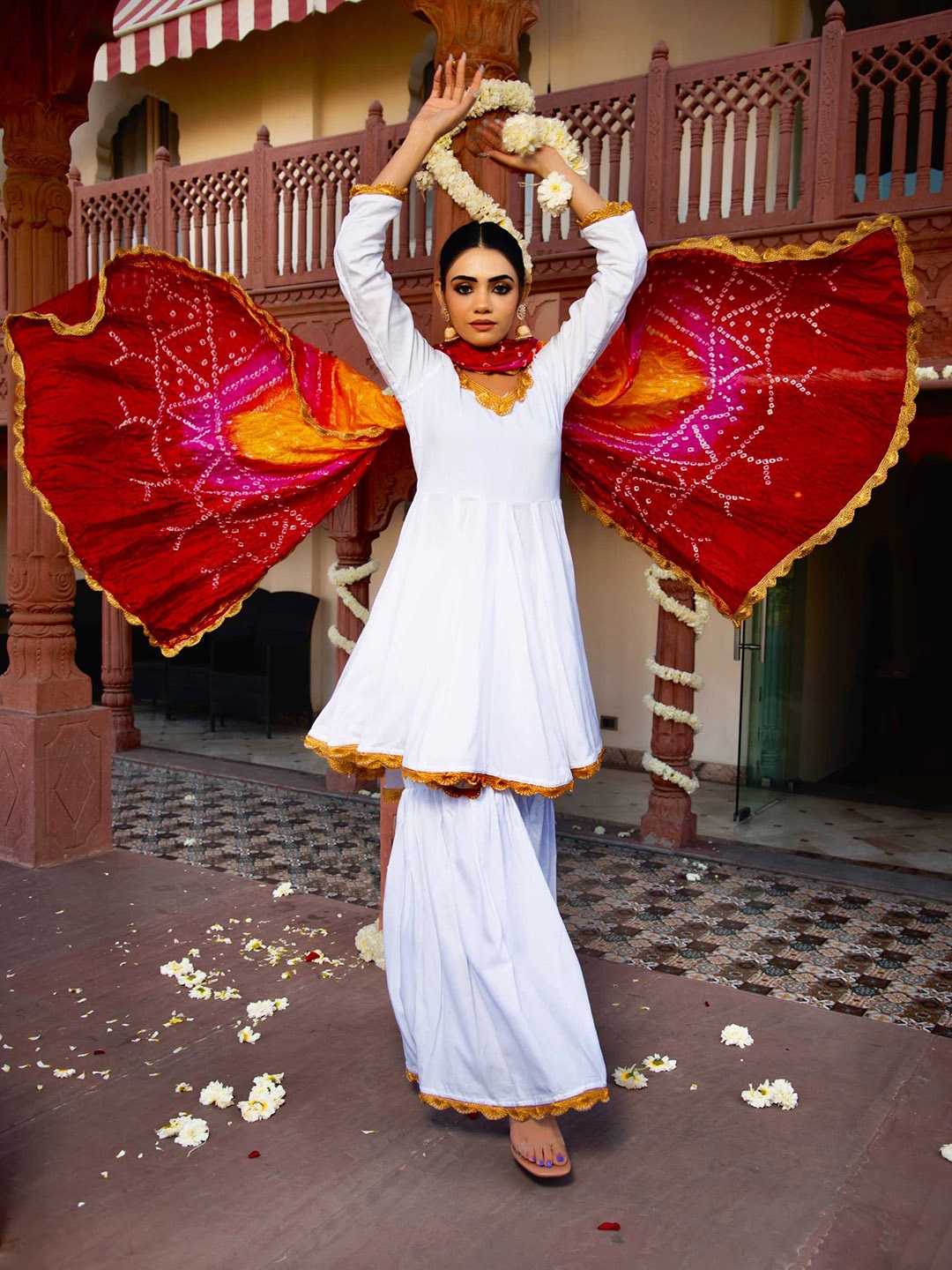 

Calmna Women Thread Work Kurta with Sharara & With Dupatta, White