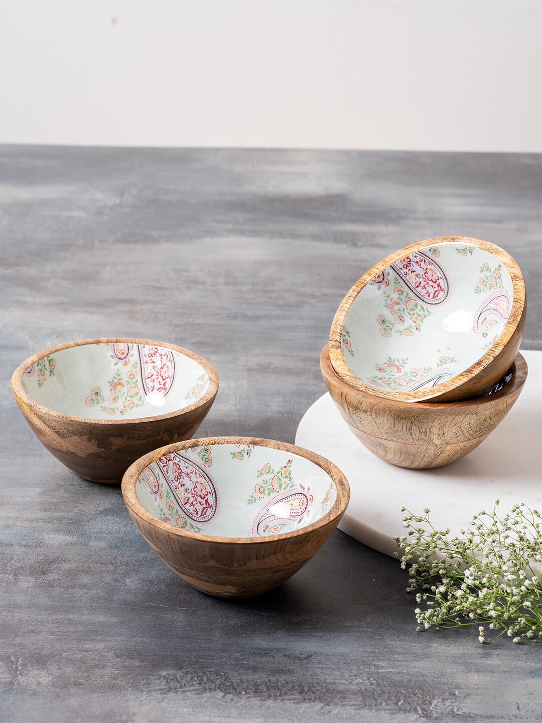 

nestroots Set Of 4 Green & Brown Floral Printed Glossy Bowls