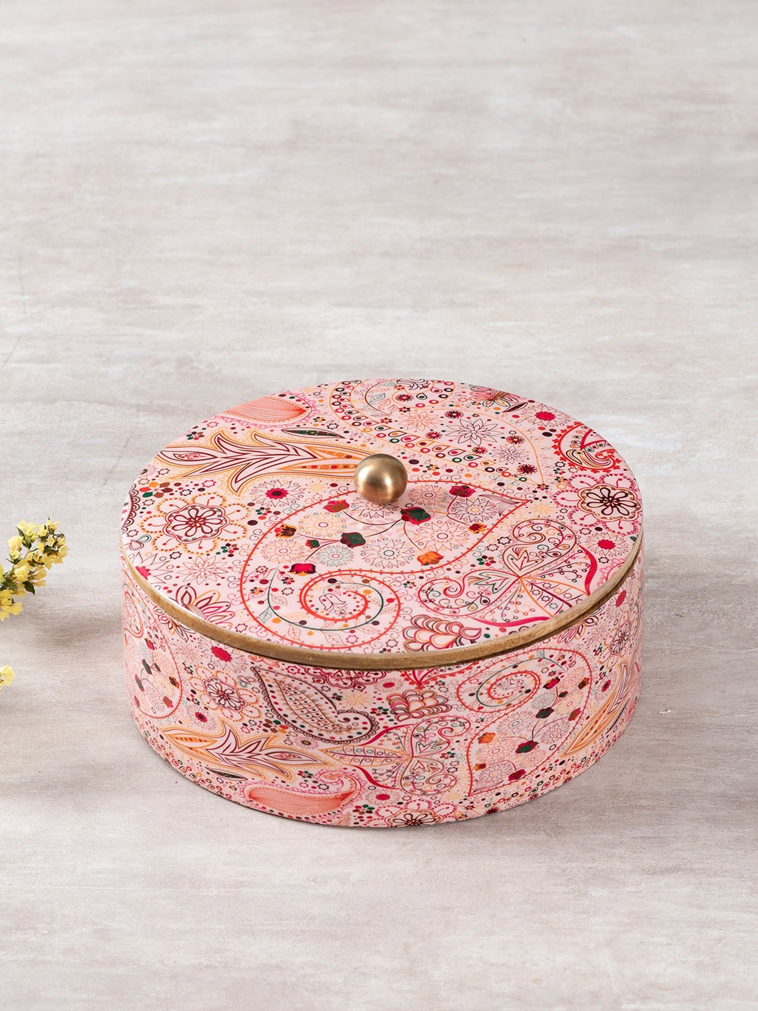 

nestroots Pink Ethnic Printed Mango Wood Spice Box With 7 Stainless Steel Containers
