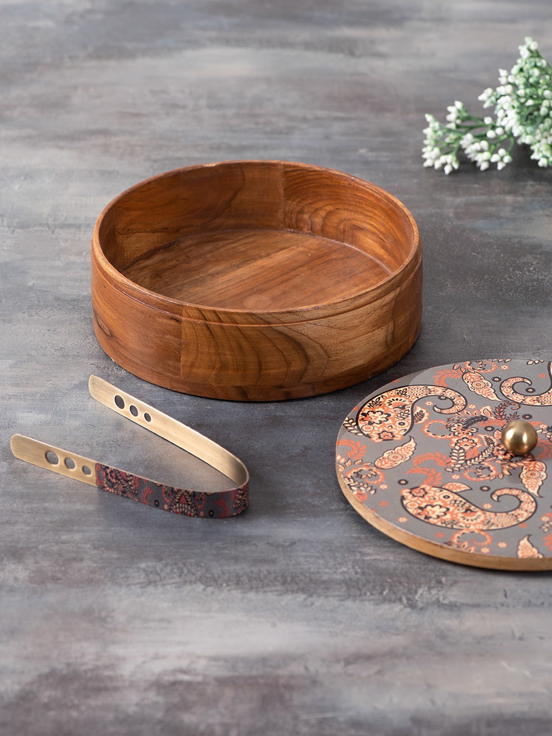 

nestroots Grey & Brown 2 Pcs Printed Chapatti Box with Tong