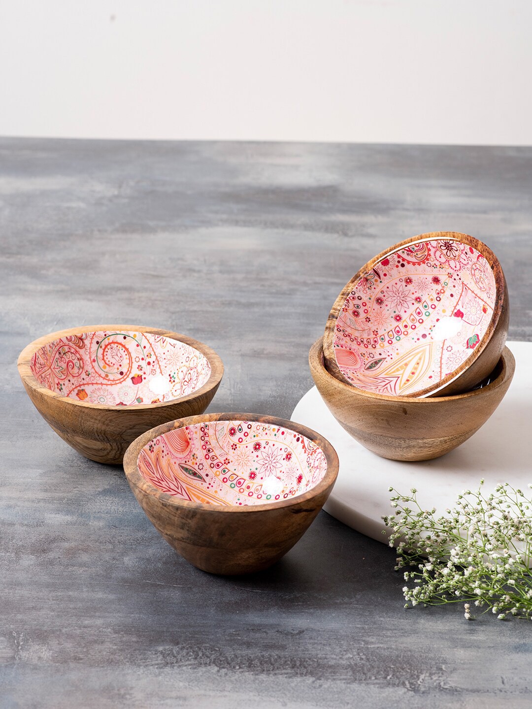 

nestroots Set Of 4 Pink & Brown Floral Printed Glossy Bowls