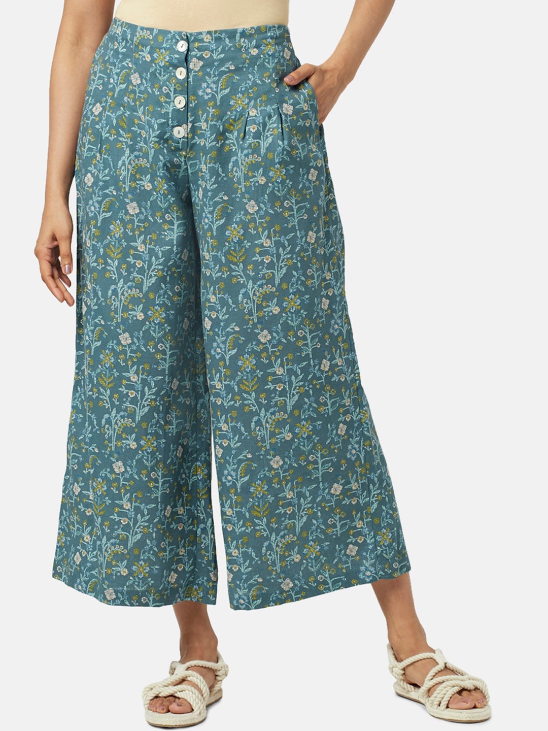 

AKKRITI BY PANTALOONS Women Floral Printed Flared Culottes Trouser, Teal