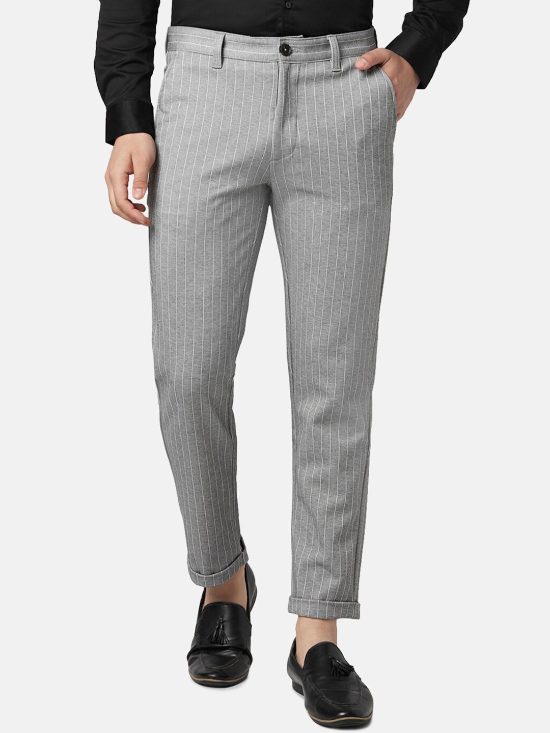 

BYFORD by Pantaloons Men Striped Slim Fit Trousers, Grey