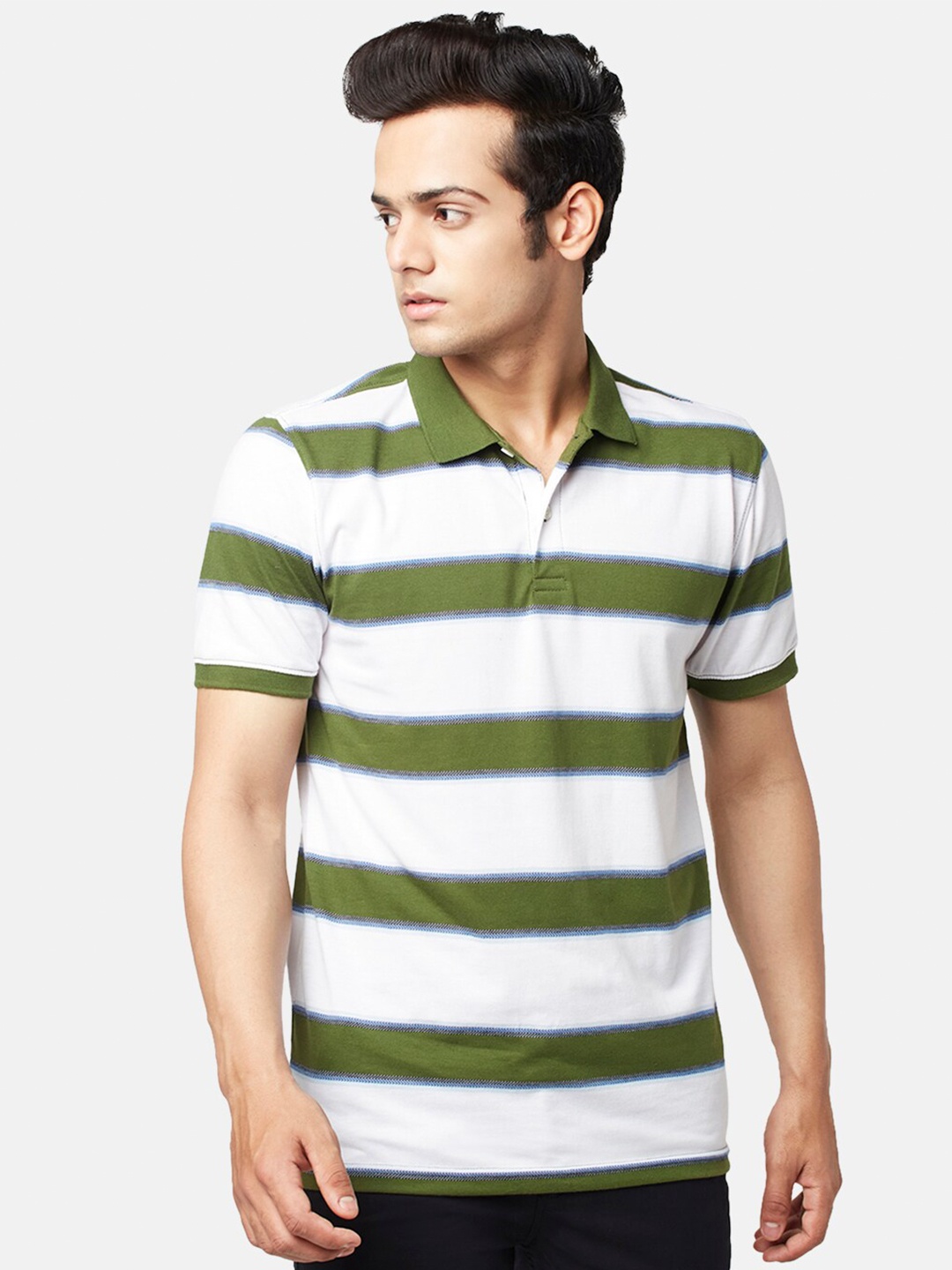 

BYFORD by Pantaloons Men Striped Polo Collar Slim Fit Cotton T-shirt, Olive