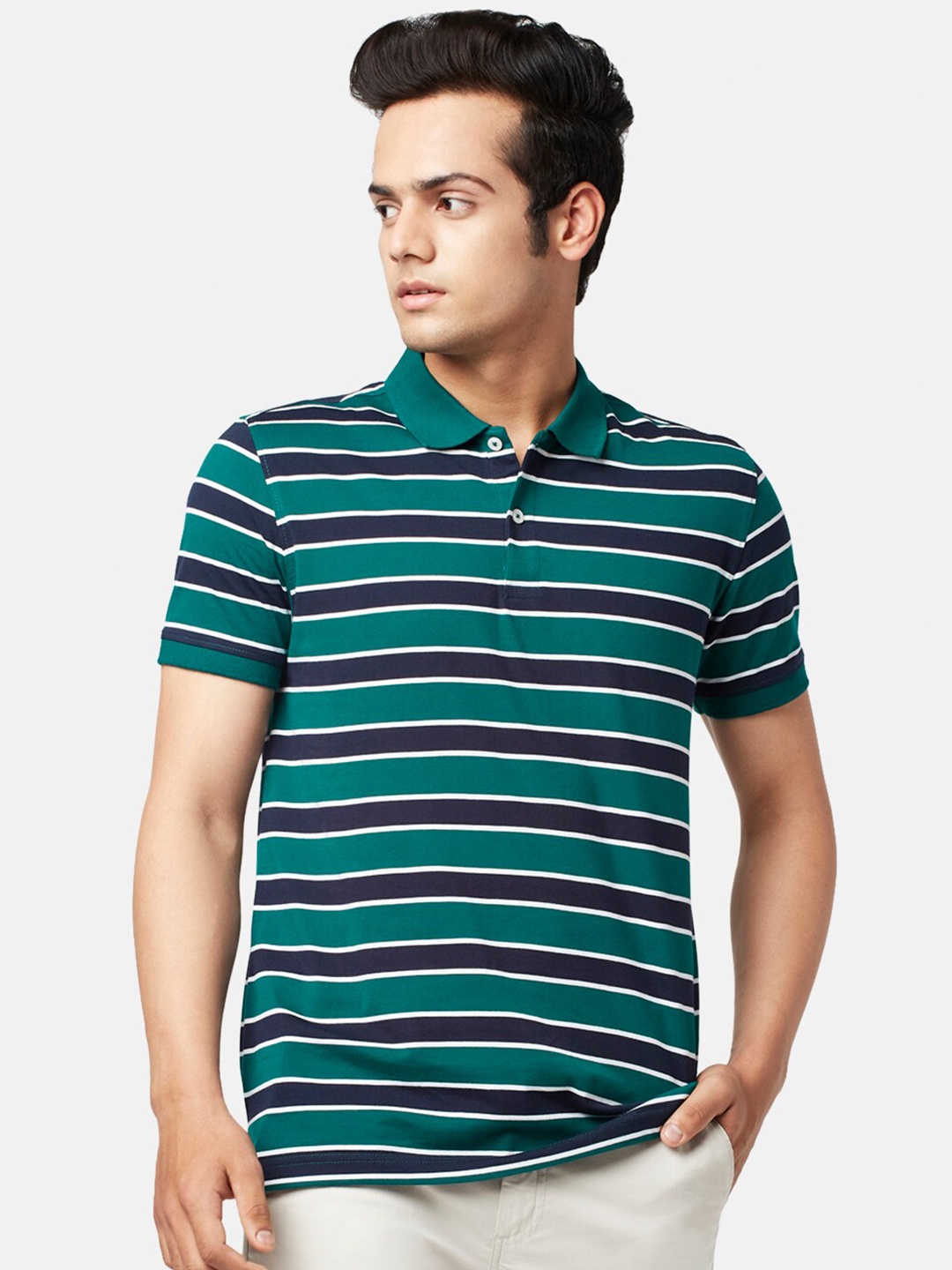 

BYFORD by Pantaloons Men Striped Polo Collar Slim Fit T-shirt, Green