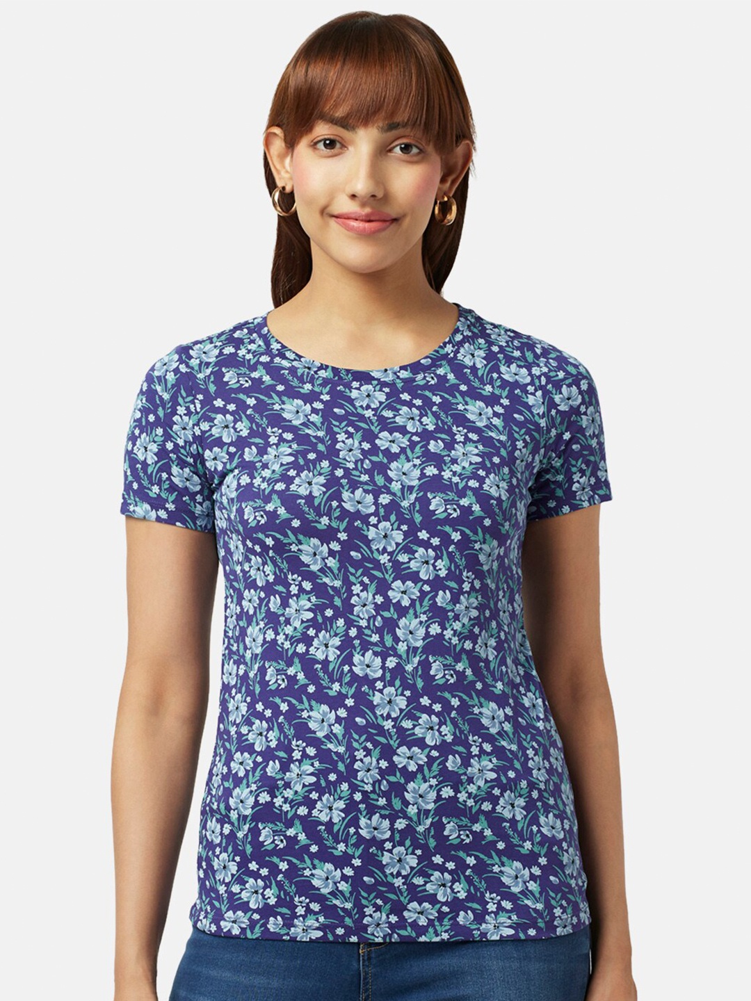 

Honey by Pantaloons Women Floral Printed Slim Fit Cotton T-shirt, Purple