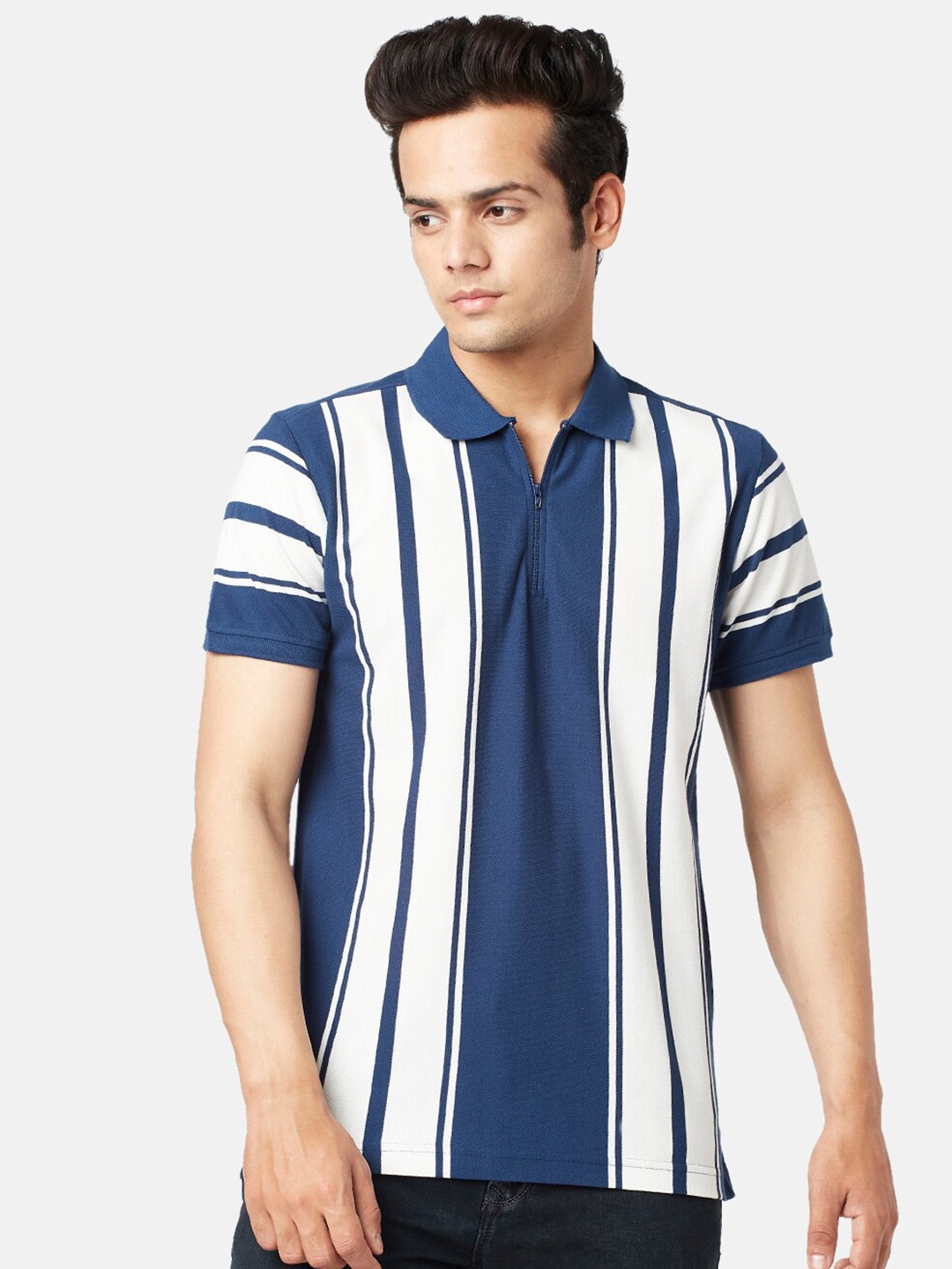 

People Men Striped Polo Collar Slim Fit Cotton T-shirt, Navy blue
