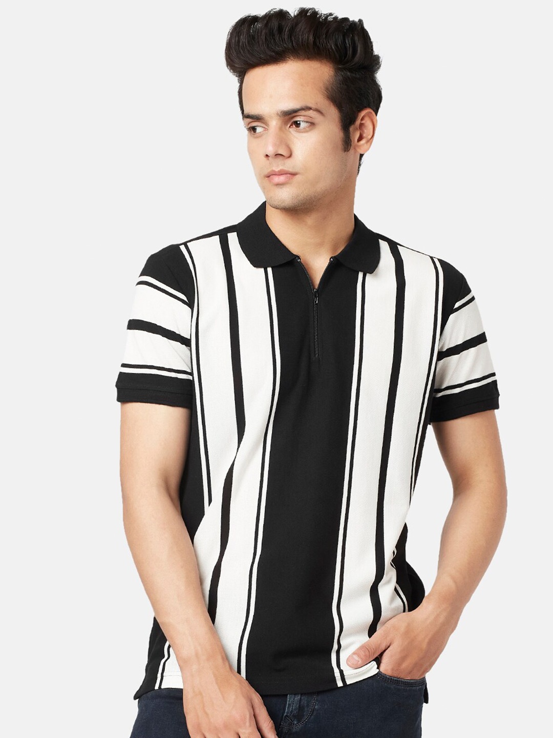 

People Men Striped Polo Collar Monochrome Slim Fit Cotton T-shirt, Black