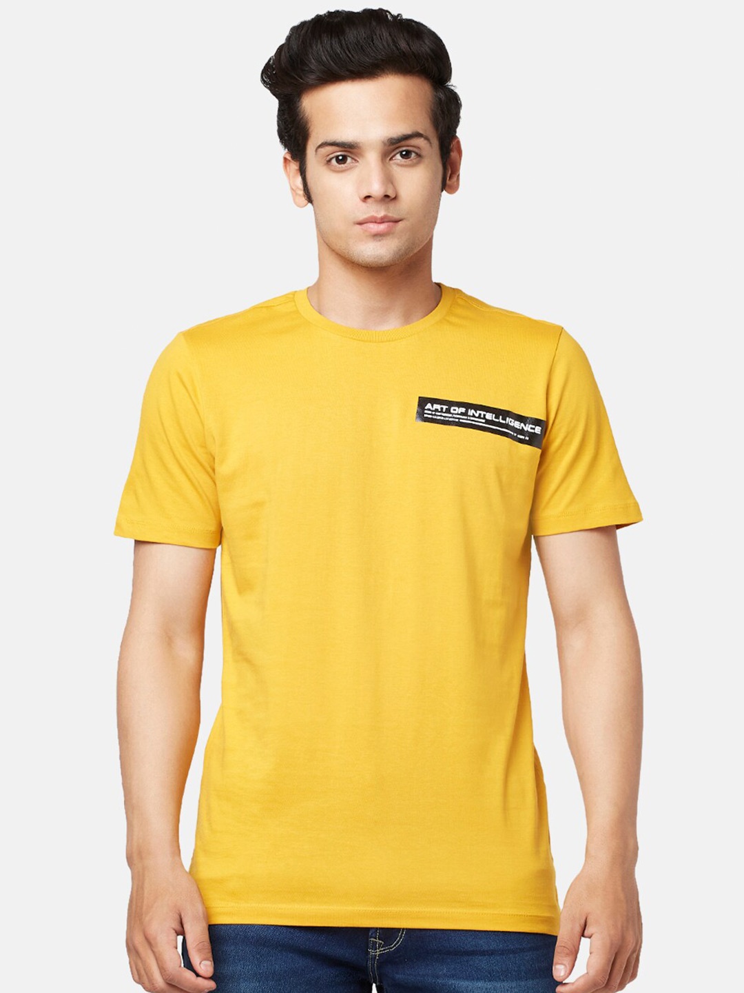 

SF JEANS by Pantaloons Men Typography Printed Cotton T-shirt, Mustard