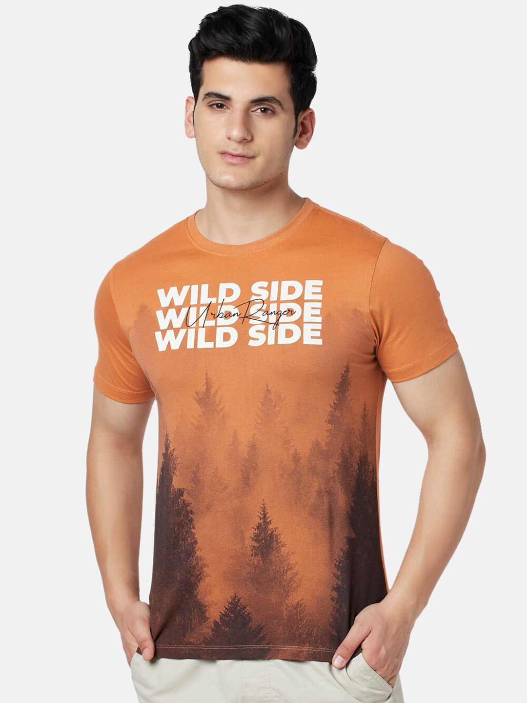 Urban Ranger by pantaloons Men Typography Printed Slim Fit Cotton T-shirt, Orange