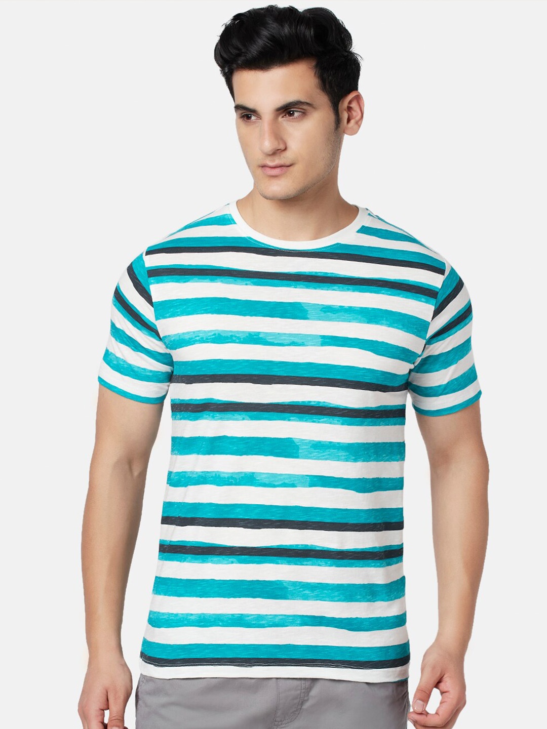 

Urban Ranger by pantaloons Men Striped Slim Fit T-shirt, Blue