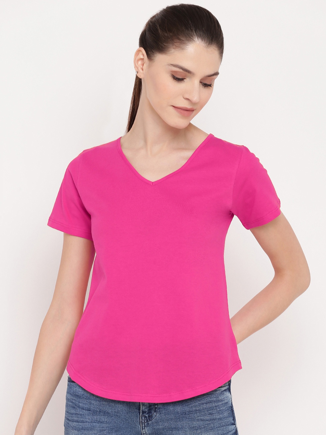 

A.T.U.N. Women V-Neck Pure Cotton T-shirt, Fuchsia