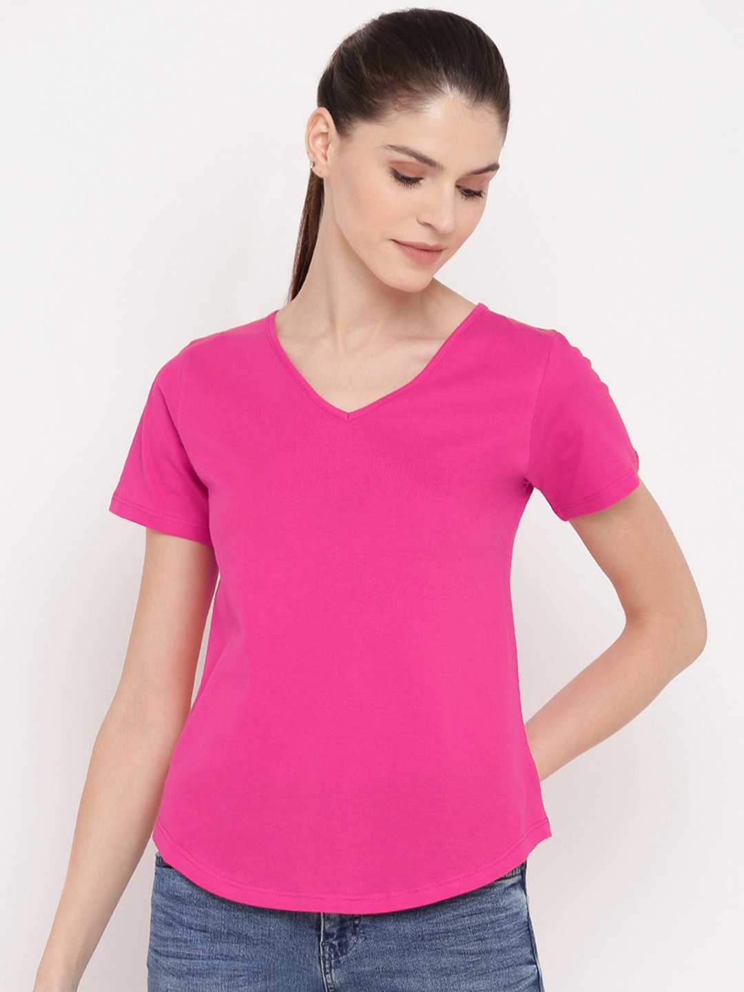 

A.T.U.N. Women V-Neck Pure Cotton T-shirt, Fuchsia