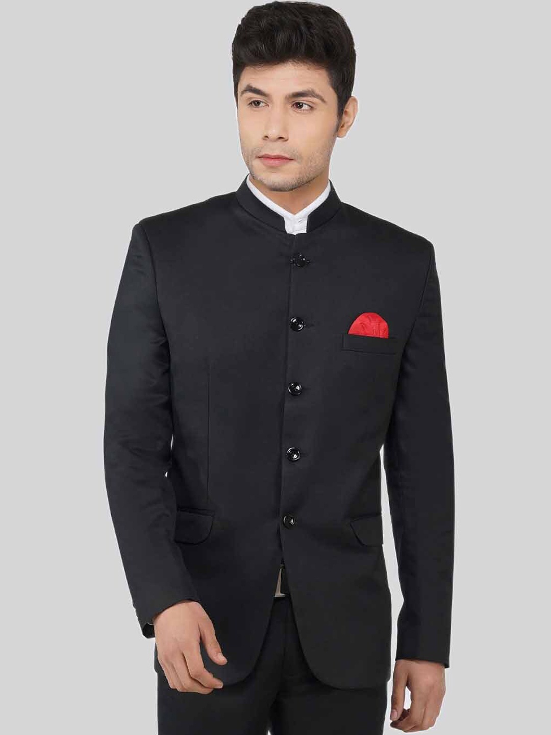 

TAHVO Men Slim-Fit Bandhgala Two-Piece Suit, Black