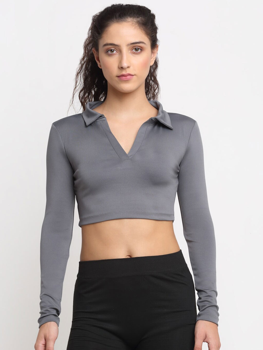 

EVERDION Grey Shirt Collar Crop Top