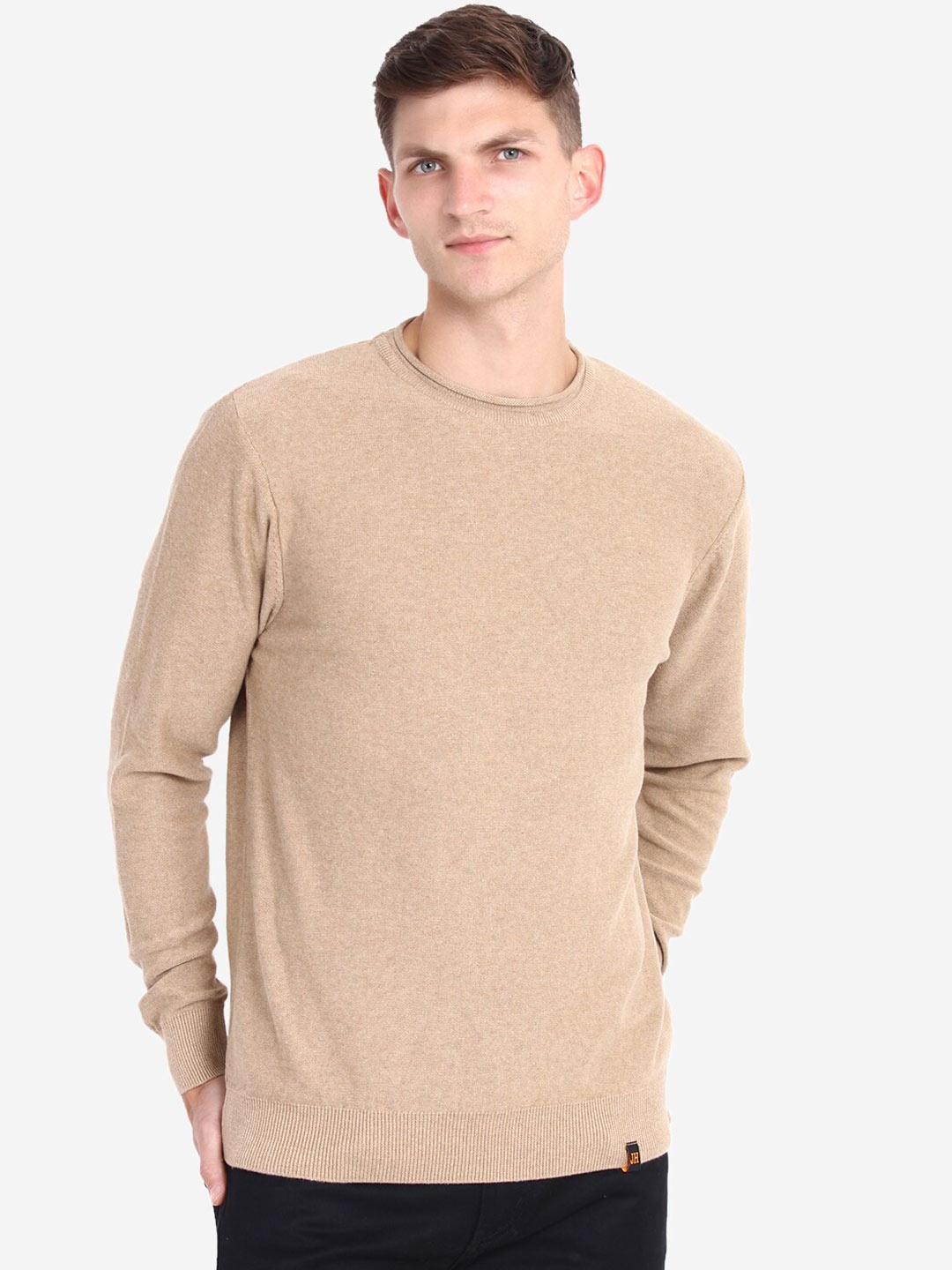 

JoE Hazel Men Round Neck Long Sleeves Pure Cotton Pullover, Tan