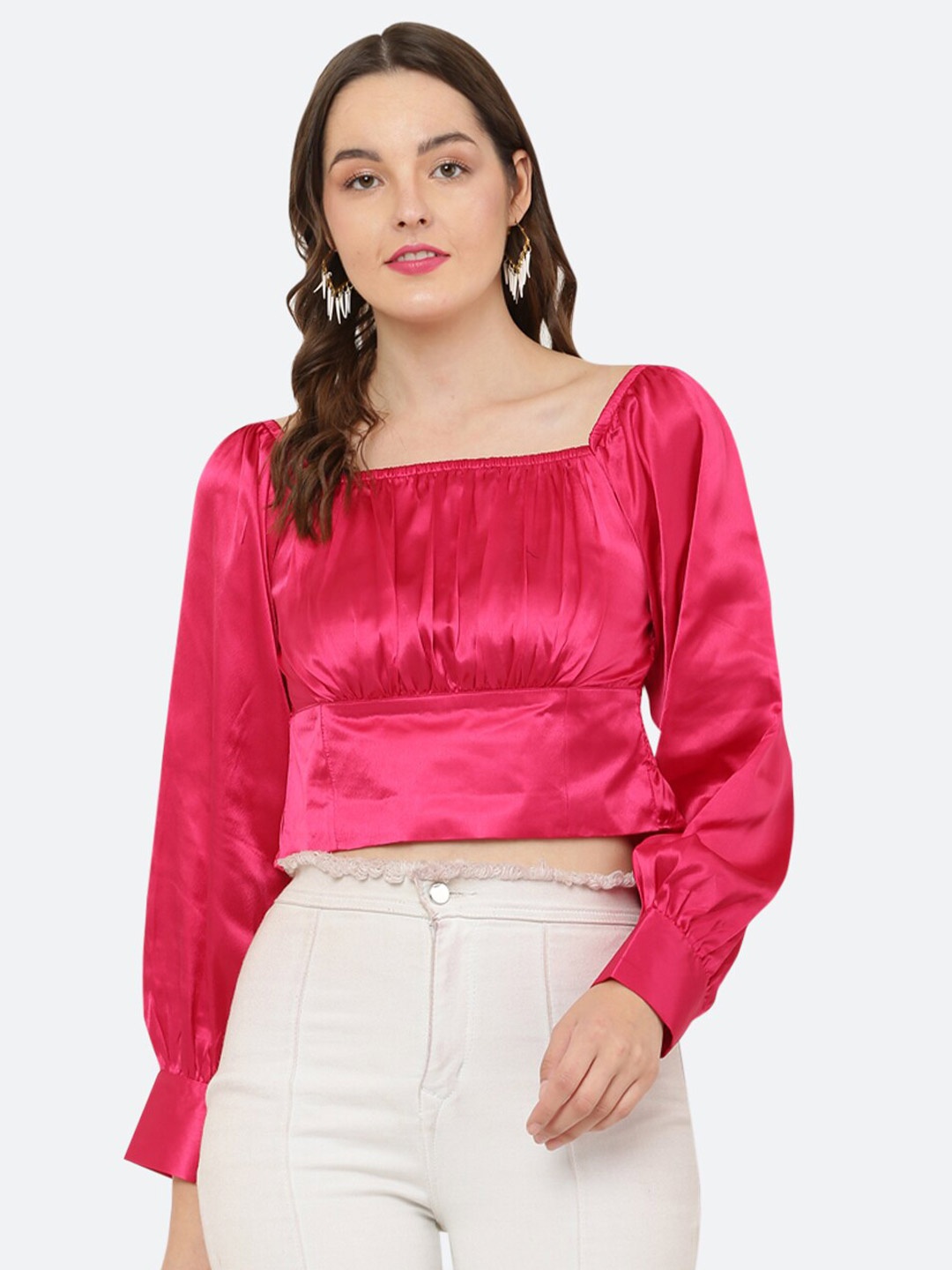 

R Cube Blouson Square Neck Crop Top, Pink