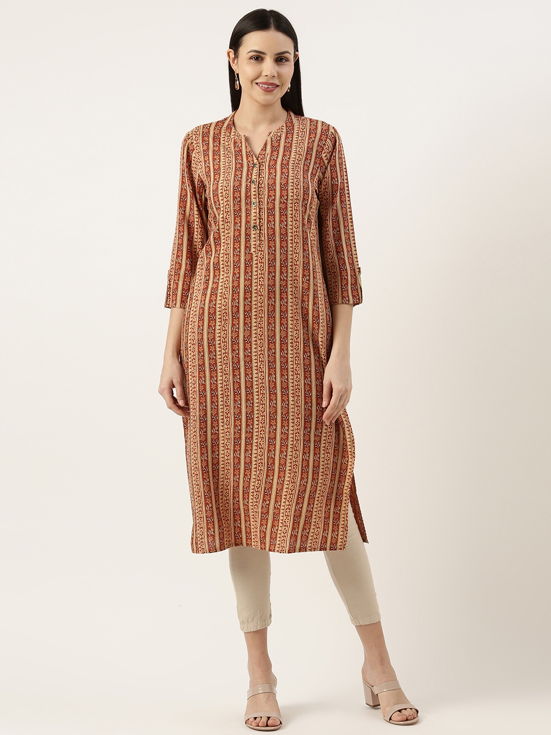 

AMUKTI Women Floral Striped Kurta, Red