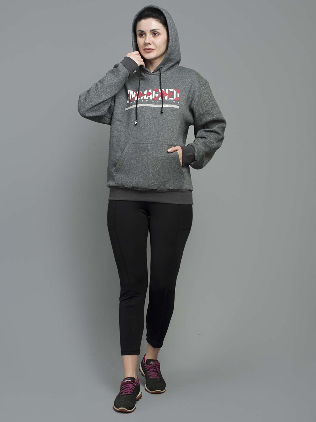 

Keepfit Women Grey Melange Printed Hooded Sweatshirt