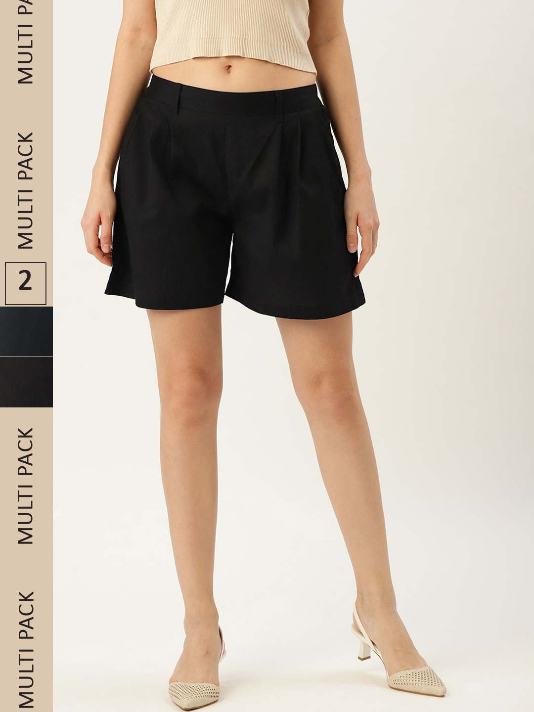

Molcha Women Pack Of 2 Cotton Slip-On Regular Fit Shorts, Black