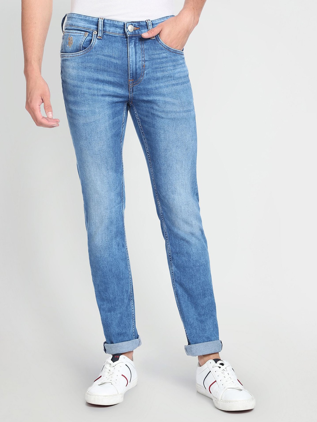 

U.S. Polo Assn. Denim Co. Men Slim Fit Mildly Distressed Heavy Fade Jeans, Blue