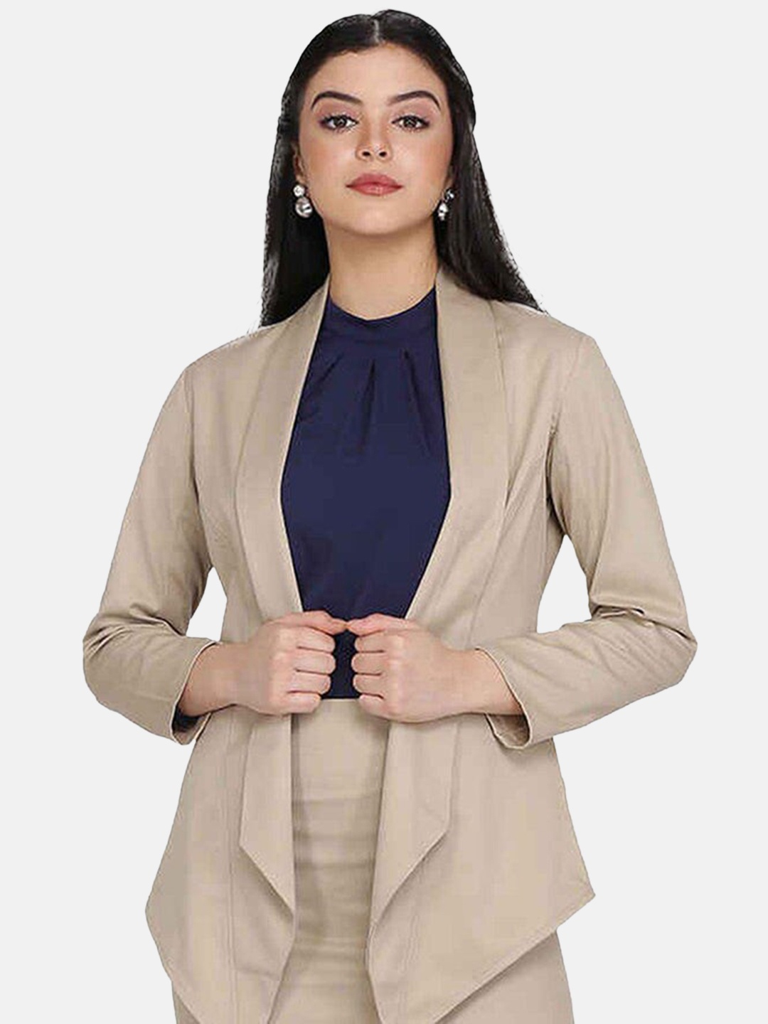 

PowerSutra Women Front Open Shawl Collar Blazer, Beige