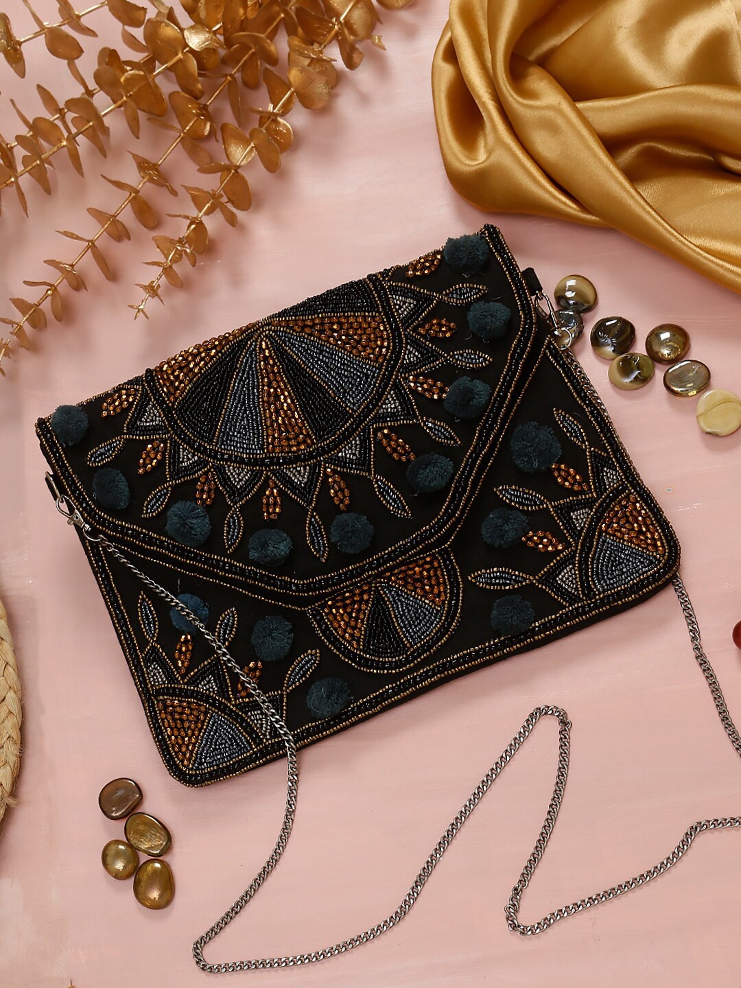 

Swisni Women Embellished Fabric Foldover Clutch, Black