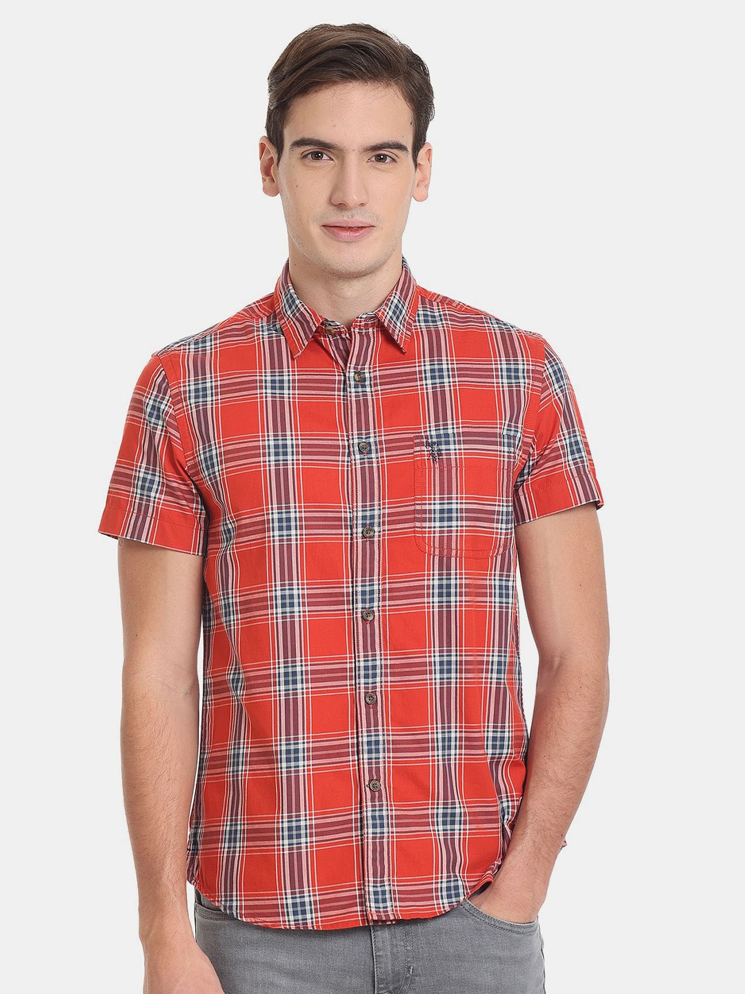 

U.S. Polo Assn. Denim Co. Men Slim Fit Tartan Checks Checked Casual Shirt, Red