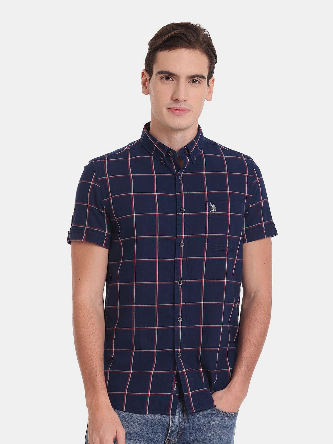 

U.S. Polo Assn. Denim Co. Men Slim Fit Windowpane Checked Casual Pure Cotton Shirt, Blue