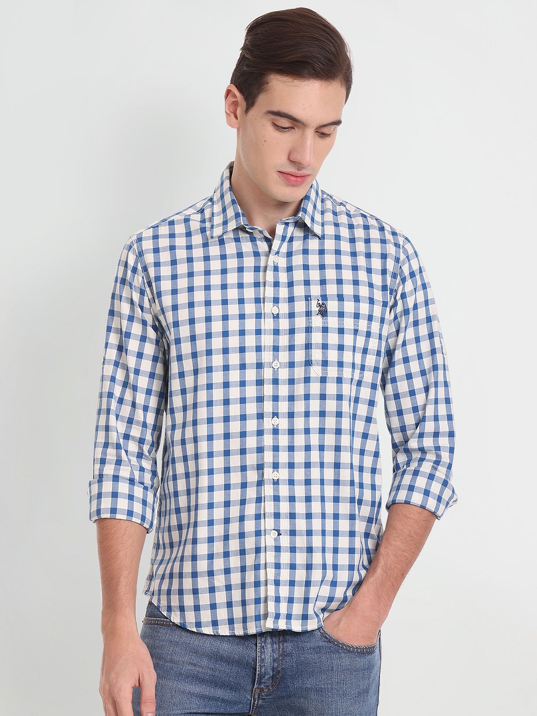 

U.S. Polo Assn. Denim Co. Men Gingham Checked Casual Pure Cotton Shirt, Blue