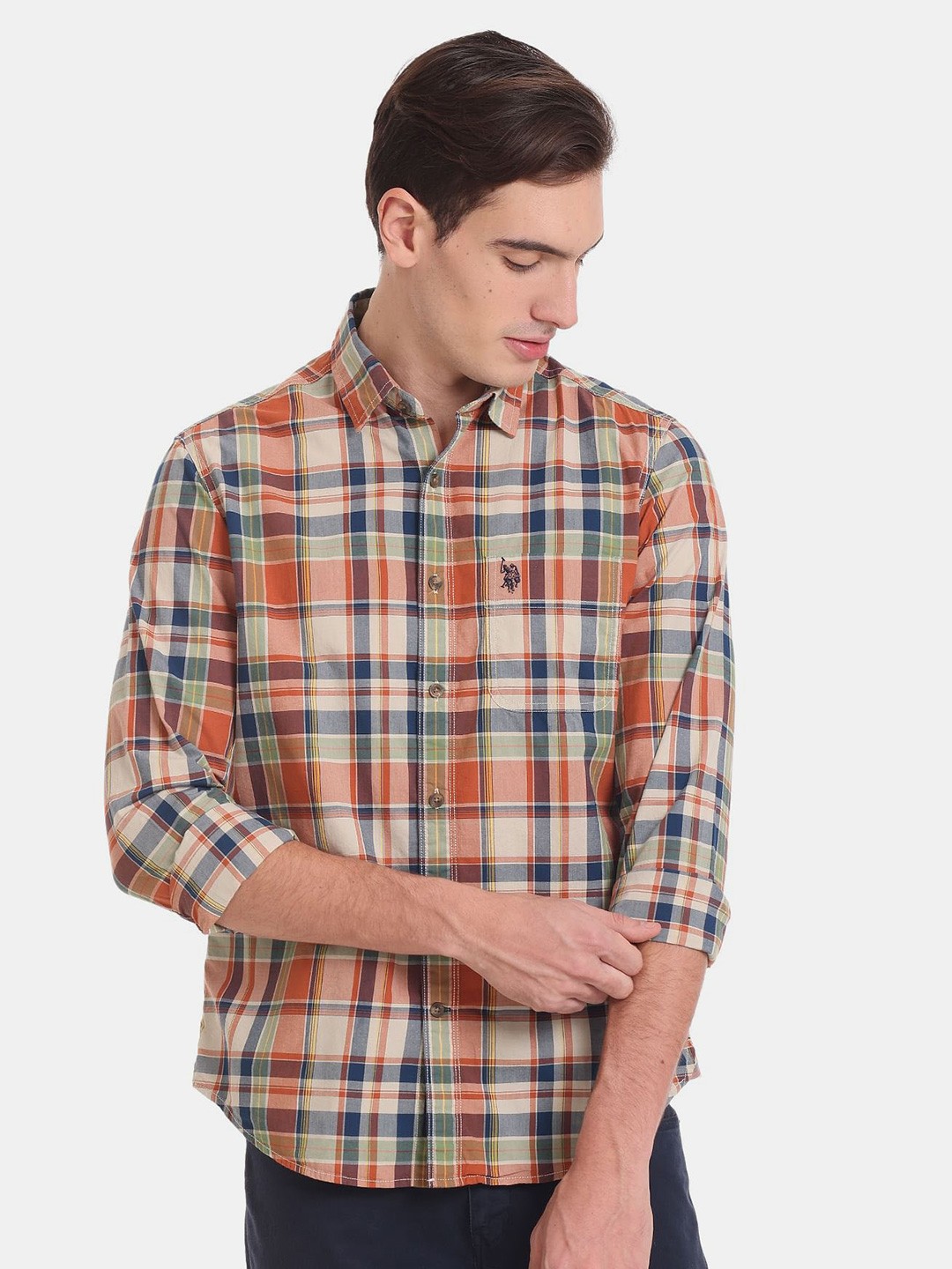 

U.S. Polo Assn. Denim Co. Men Tartan Checked Casual Pure Cotton Shirt, Orange