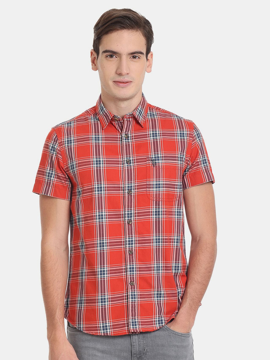 

U.S. Polo Assn. Denim Co. Men Plus Size Slim Fit Tartan Checked Casual Pure Cotton Shirt, Orange