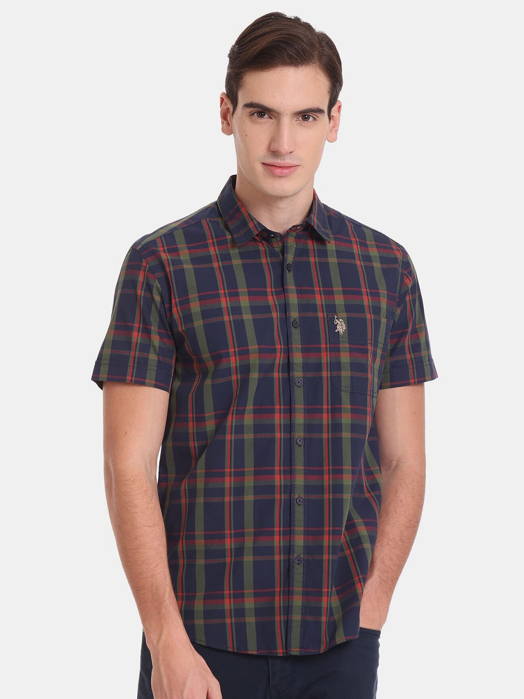 

U.S. Polo Assn. Denim Co. Men Slim Fit Tartan Checked Casual Cotton Shirt, Blue