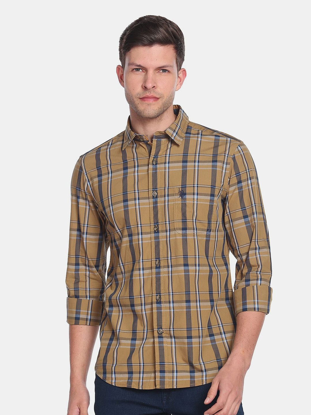 

U.S. Polo Assn. Denim Co. Men Cotton Tartan Checks Casual Shirt, Brown