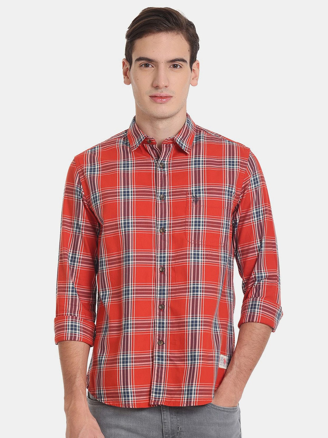 

U.S. Polo Assn. Denim Co. Men Slim Fit Tartan Checks Casual Pure Cotton Shirt, Red