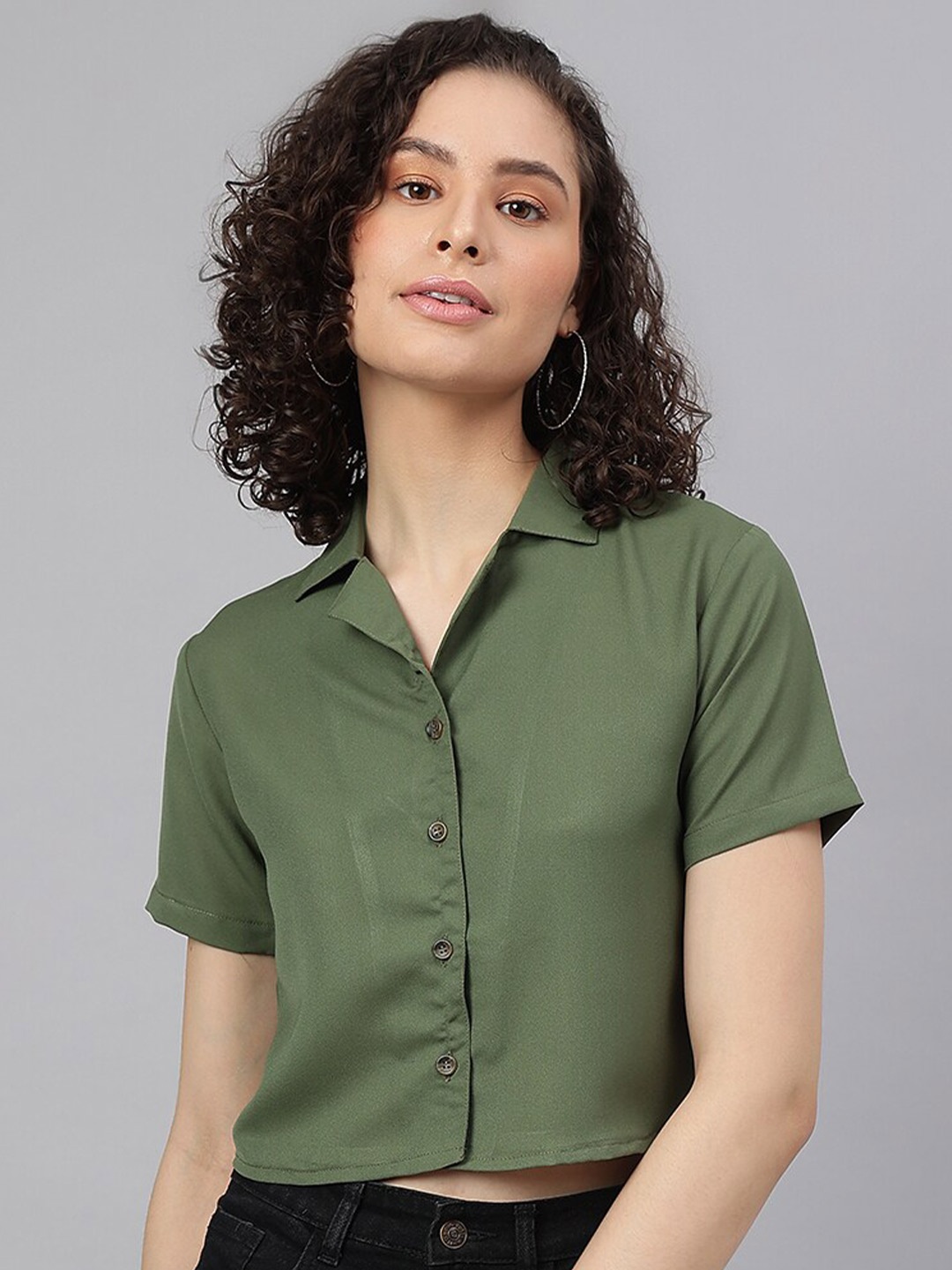 

I Love She Women Classic Casual Crop Shirt, Olive