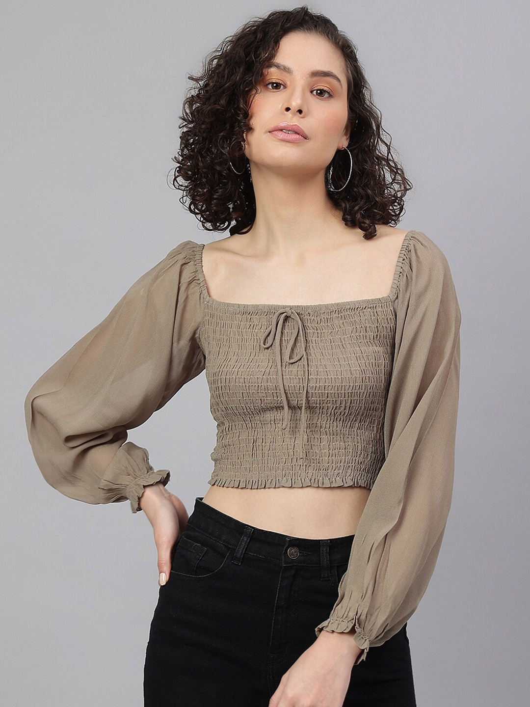 

I Love She Smocked Georgette Fitted Crop Top, Olive