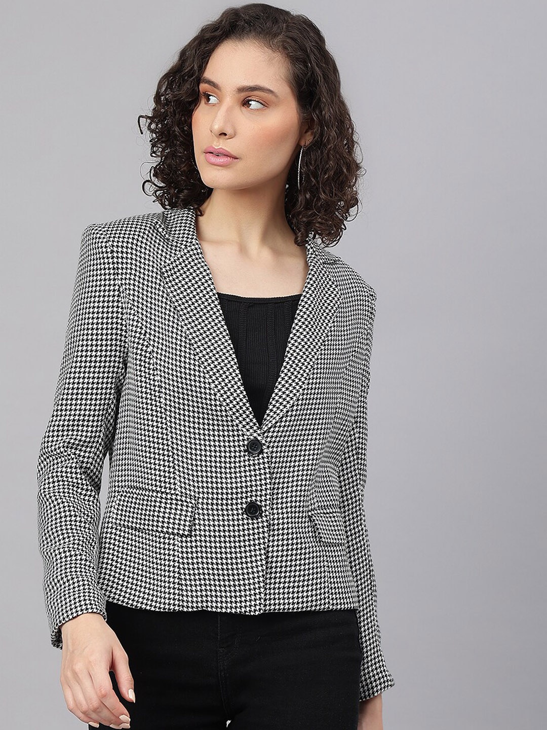 

I Love She Women Checked Cotton Single-Breasted Blazer, Black
