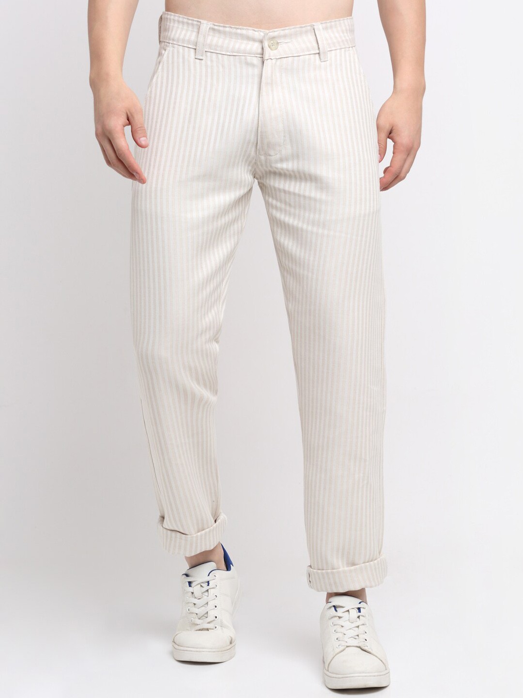 

Ennoble Men Striped Smart Slim Fit Easy Wash Cotton Chinos Trouser, Beige