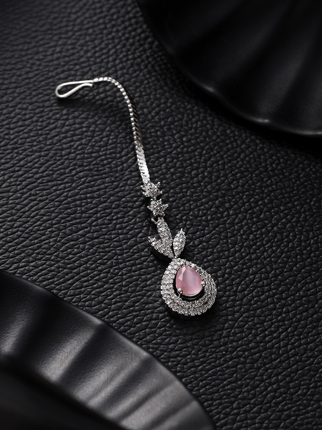 

Jazz and Sizzle Silver-Plated AD Studded Teardrop Shaped Maang Tika, Pink