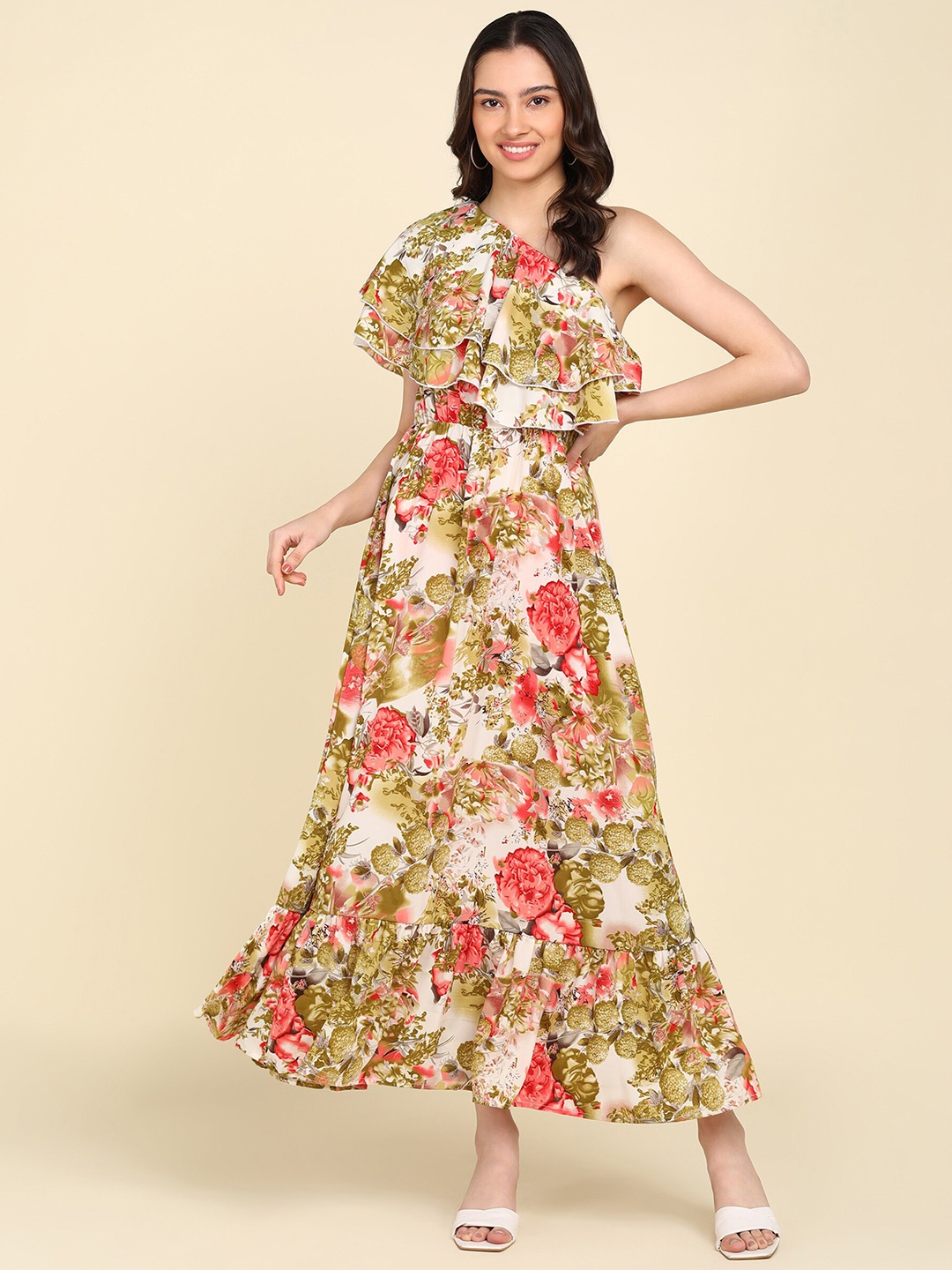 

ZNX Clothing Floral One Shoulder Maxi Dress, Cream