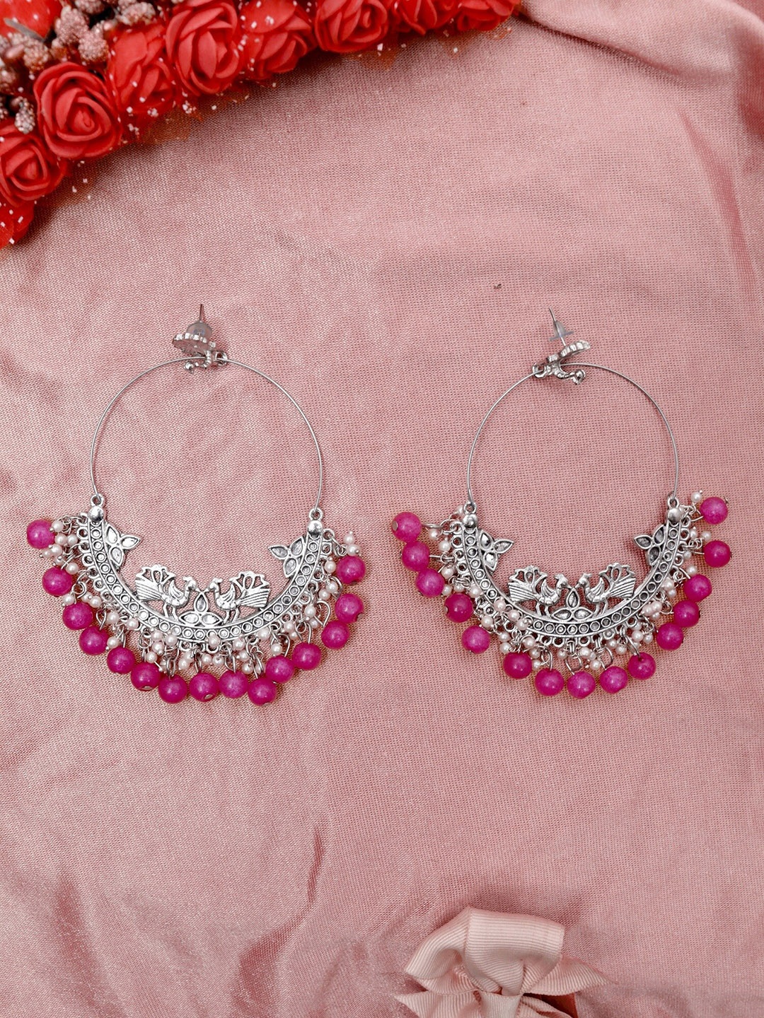 

Krelin Pink & Silver-Toned Classic Chandbalis Earrings