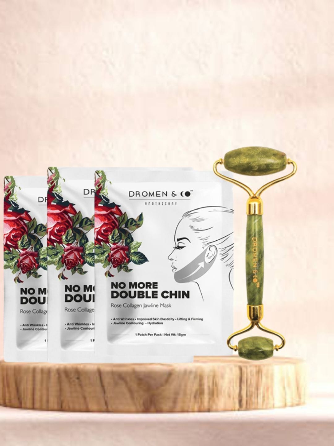 

DROMEN & CO Women Set of 3 Rose Collagen Jawline Mask with Jade Roller, White