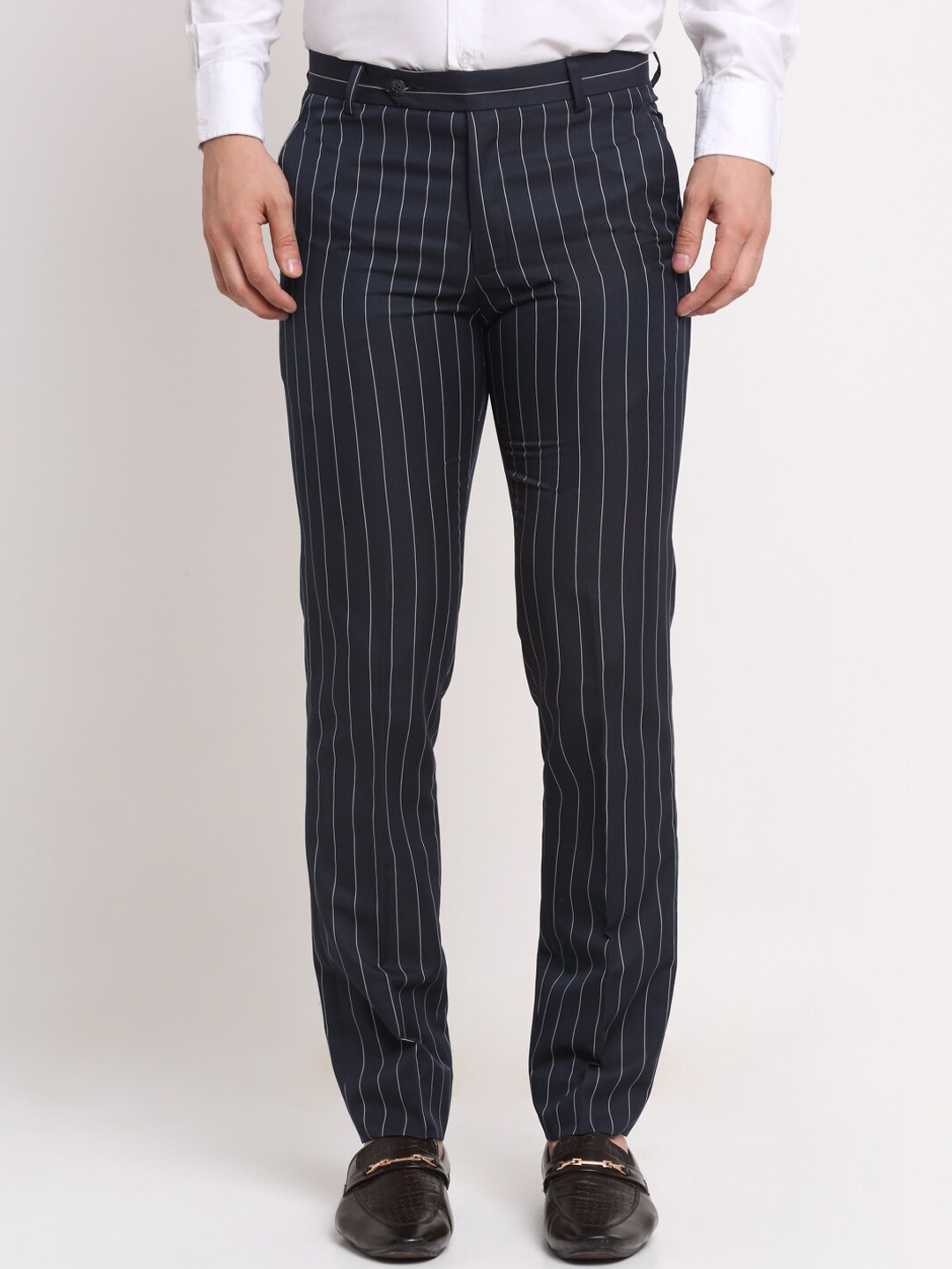 

Ennoble Men Striped Smart Slim Fit Lint Free Formal Trousers, Blue