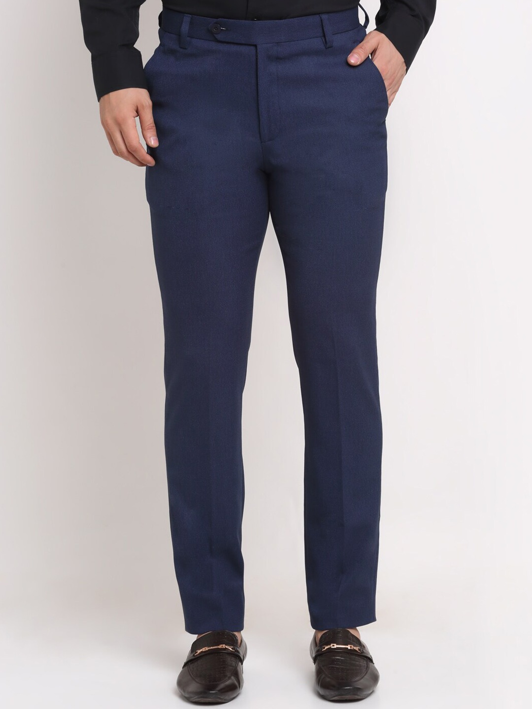 

Ennoble Men Textured Smart Slim Fit Lint Free Trousers, Blue