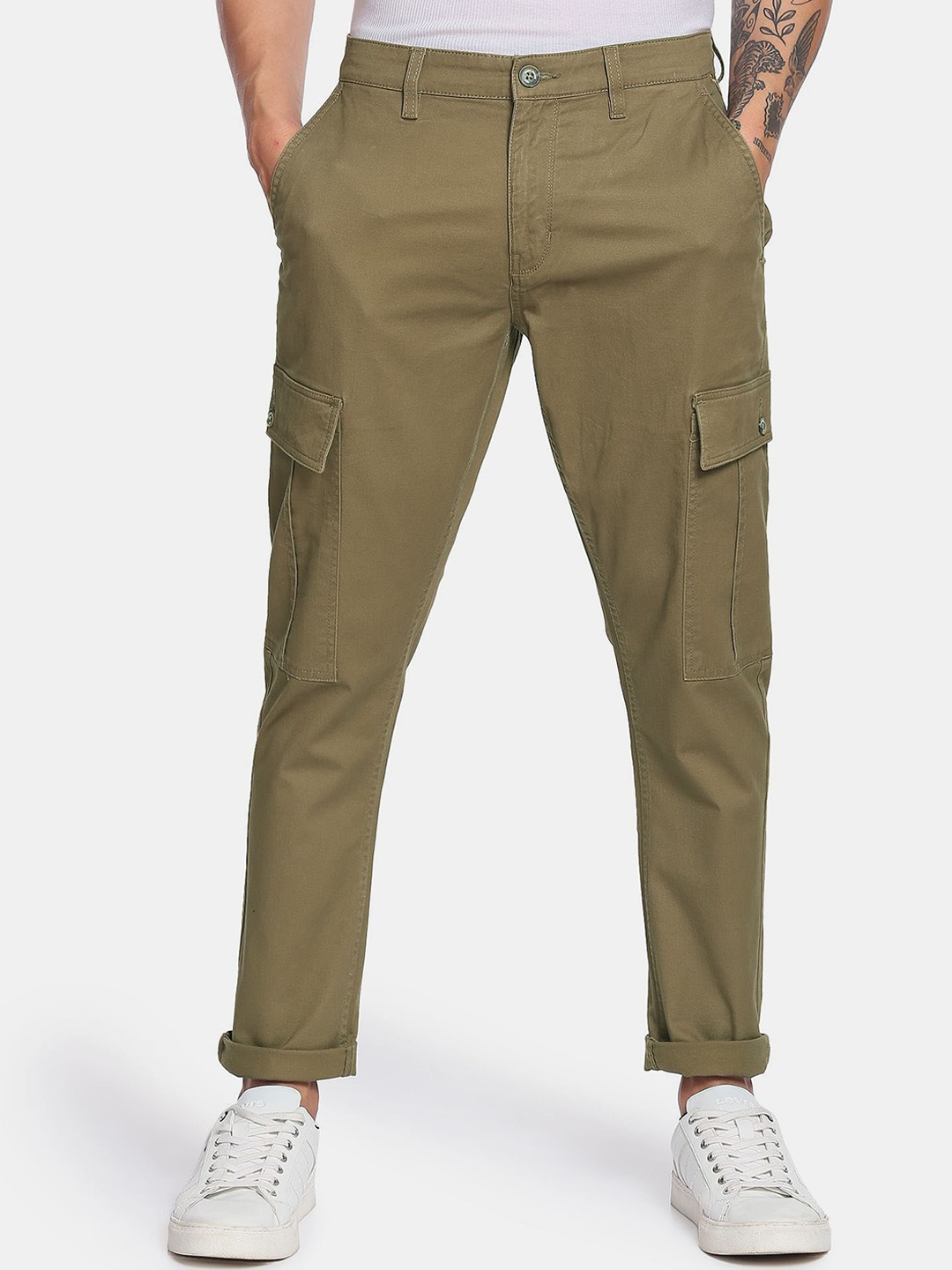 

Flying Machine Twill Slim Fit Cargo Trousers, Green