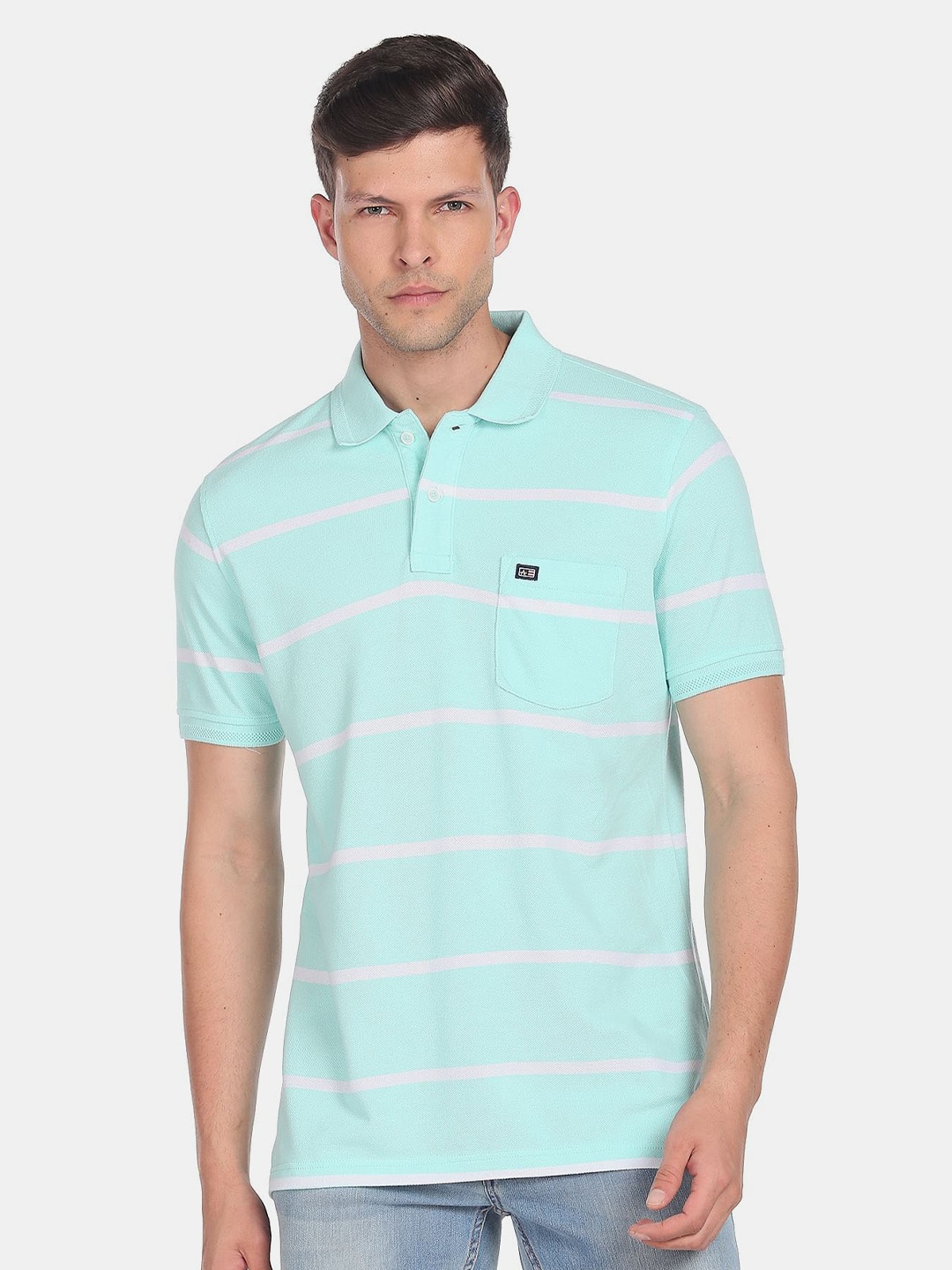 

Arrow Sport Men Striped Polo Collar Cotton T-shirt, Green